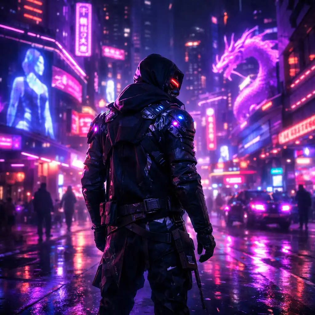 Nocne Miasto z gry Cyberpunk 2077 rozświetlone neonami
