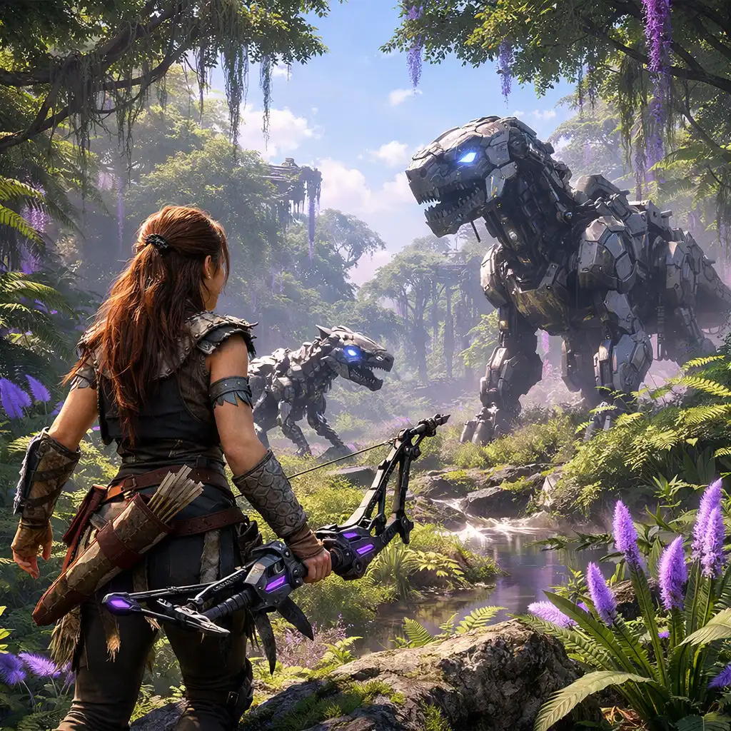 Aloy z Horizon Forbidden West stojąca na tle futurystycznych ruin i maszyn
