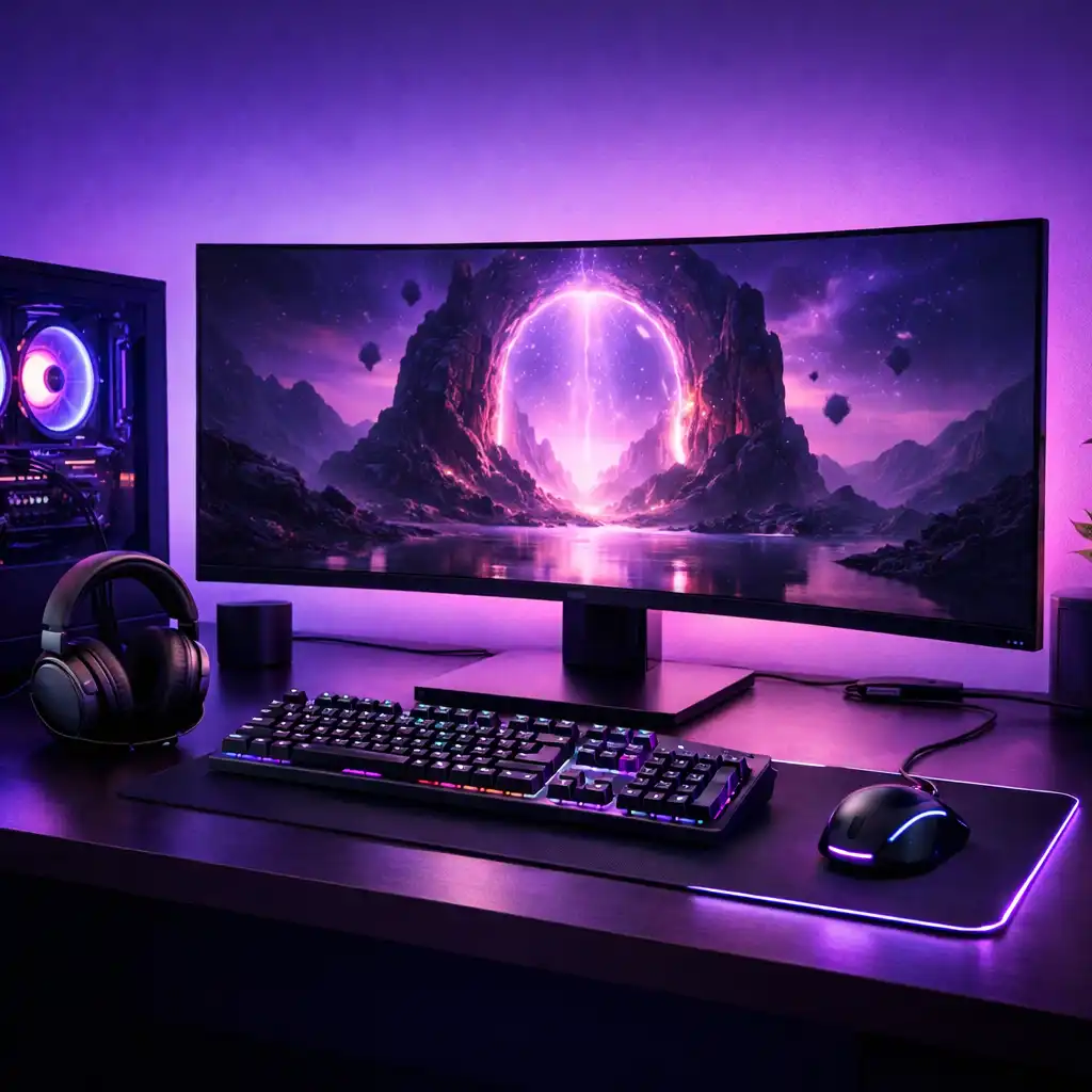 Nowoczesny setup gamingowy z podświetlanym sprzętem